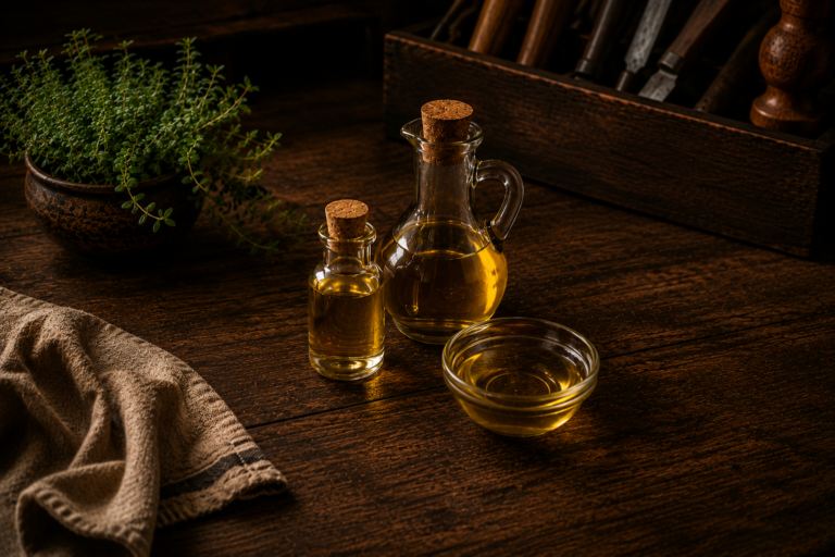 Flasker og en skål med madolie på et bord af træ